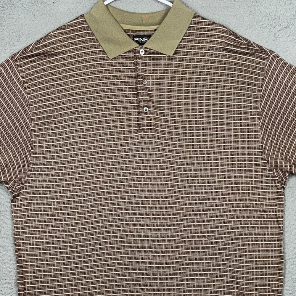 PING Golf Polo Shirt Mens XL Brown Micro Grid Performance Rugby Short Sleeve EUC